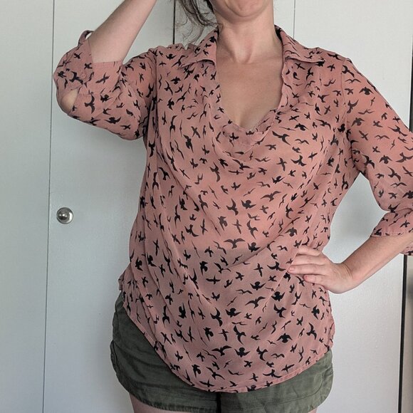 Modcloth Edgar Allan Poetess cowl neck sheer chiffon ravens blouse L - Picture 1 of 3